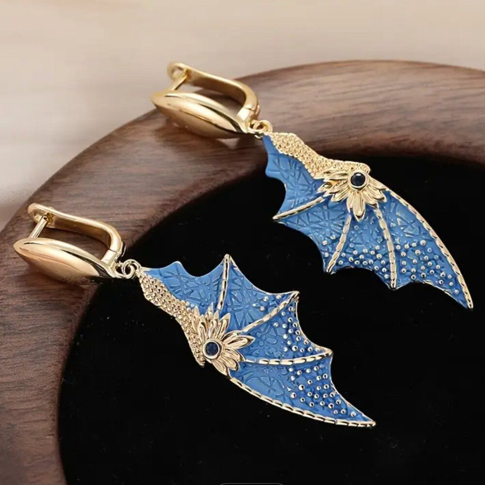 Dragon Wing Earrings Goldtone Blue 18K Gold Plate 108A3